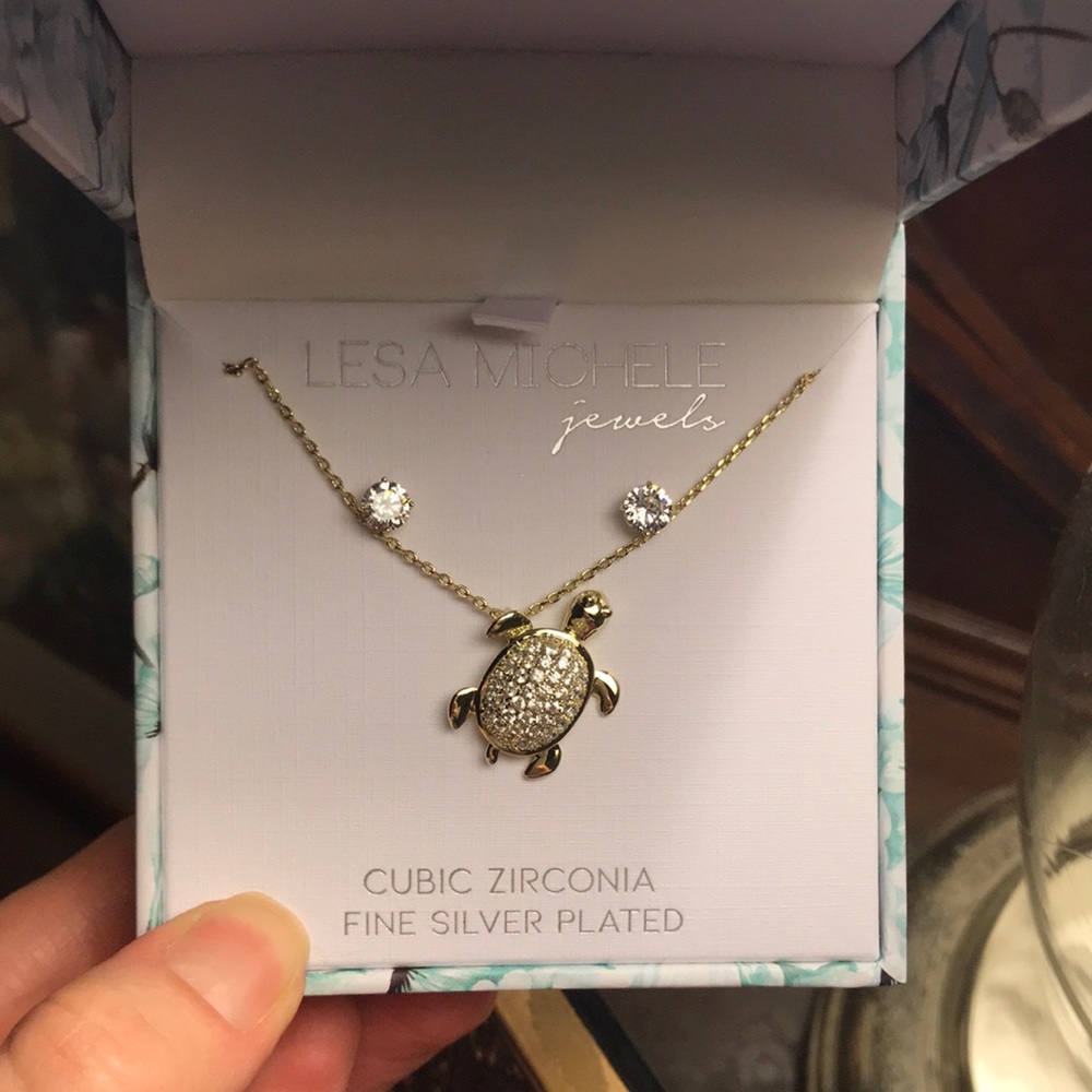 lesa michele cubic zirconia fine silver plated sea turtle necklace and studs